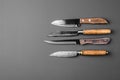 Collection of various kitchen knives on a grey background Royalty Free Stock Photo