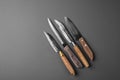 Collection of various kitchen knives on a grey background Royalty Free Stock Photo