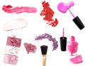 Collection of various make up accessories on white background