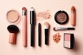 A collection of various makeup products displayed on a vibrant pink background, Make-up beauty products at pastel background,