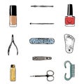 Collection with various manicure accessories, equipment, tools icons