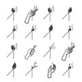 Collection of Matches Burning and in Hands, Vector Illustration Royalty Free Stock Photo