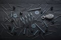 Metal still life of nails, springs, screws and washer hardware o Royalty Free Stock Photo