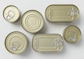 Collection of various metallic food cans with pull tabs isolated on white background Royalty Free Stock Photo