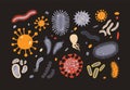 Collection of various microorganisms isolated on black background. Set of germs, pathogens, protozoa, microbes. Bundle