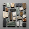 Collection of various mineral and rock samples arranged on a gray backgroun Royalty Free Stock Photo