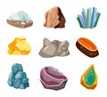 Collection of various mineral rocks and stones. Colorful gemstones, crystals, precious stones isolated on white