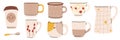 Collection of various modern cups.Beige tableware