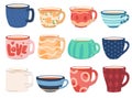 A collection of various modern cups decorated with design elements. Set of colored mugs with coffee tea. Cute trendy