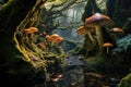 A collection of various mushrooms growing together on the forest floor, An enchanting fairy glen with vibrant mushroom groves, AI