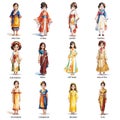 Collection of various nationlities girl wearing national costume, watercolor painting cartoon style on white background