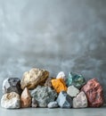 Collection of various natural rocks and minerals arranged on a gray background, copy space for text Royalty Free Stock Photo