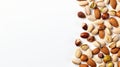 A collection of various nuts almonds, walnuts, and pistachios neatly arranged. Royalty Free Stock Photo