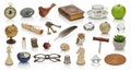 A collection of various objects arranged on a white surface. Includes a compass, smooth stone, Royalty Free Stock Photo