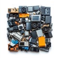 Collection of various old and new electronic devices and technology waste on white background Royalty Free Stock Photo