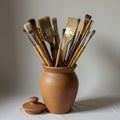A collection of various paintbrushes is arranged inside a clay pot with a removable lid Royalty Free Stock Photo