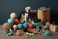 collection of various pet toys and accessories, including balls, chew toys and treats Royalty Free Stock Photo