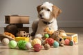 collection of various pet toys and accessories, including balls, chew toys and treats Royalty Free Stock Photo