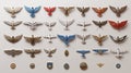 Collection of various pilot wings and aviation insignia on a neutral background Royalty Free Stock Photo