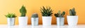 Collection of various potted cactus and succulent plants on white shelf against warm yellow colored wall. House plants banner. Royalty Free Stock Photo