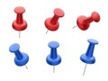 Collection of various red and blue push pins isolated on white background. Set of thumbtacks. Top view. Close up. Vector Royalty Free Stock Photo