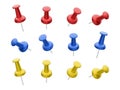 Collection of various red, yellow and blue push pins isolated on white background. Set of thumbtacks. Top view. Close up. Vector Royalty Free Stock Photo