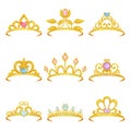 Collection of various royal crowns decorated with shiny gemstones. Golden princess tiara. Precious women s accessories