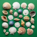 A collection of various seashells is arranged on a green background Royalty Free Stock Photo
