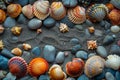 Collection of various seashells lying on the sand at the beach Royalty Free Stock Photo