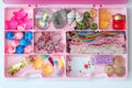 Collection of various shells, crystals, lace, glitter stars, rainbow ribbon, figurines and other items