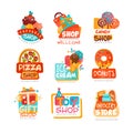 Collection of various shops logo templates set, emblem for cupcake, candy, pizza, ice cream, donut, gift and toy market Royalty Free Stock Photo