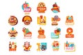 Collection of various shops logo templates set, emblem for cupcake, candy, pizza, ice cream, donut, gift and toy market Royalty Free Stock Photo