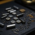 A collection of various small metallic components scattered on a dark surface. Thes Royalty Free Stock Photo
