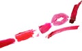 Collection of various Smears lipstick and kiss on white background. Beauty and cosmetics background