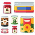 Collection of various tins canned goods food metal and glass container vector illustration.