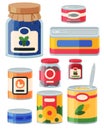 Collection of various tins canned goods food metal and glass container
