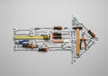A collection of various tools is arranged in the shape of an arrow on a gray background. The tools Royalty Free Stock Photo