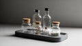 A collection of various transparent glass bottles and jars is arranged on a rectangular gray tray. Royalty Free Stock Photo