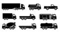 Collection of Black Silhouette Trucks and Heavy Vehicles Royalty Free Stock Photo