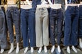 Collection of various types of blue jeans trousers,set of female mannequin in legs of womenÃ¢â¬â¢s jeans of different colors, Royalty Free Stock Photo