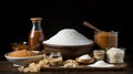 Collection of various types of sugar in bowls, top view, isolated on black Royalty Free Stock Photo