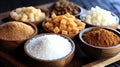 Collection of various types of sugar in bowls, top view, isolated on black Royalty Free Stock Photo