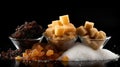 Collection of various types of sugar in bowls, top view, isolated on black Royalty Free Stock Photo