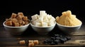 Collection of various types of sugar in bowls, top view, isolated on black Royalty Free Stock Photo