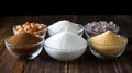 Collection of various types of sugar in bowls, top view, isolated on black Royalty Free Stock Photo