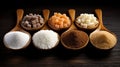 Collection of various types of sugar in bowls, top view, isolated on black Royalty Free Stock Photo