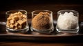 Collection of various types of sugar in bowls, top view, isolated on black Royalty Free Stock Photo