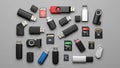 Of various USB flash drives and memory cards is spread out against Royalty Free Stock Photo