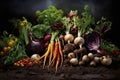 A collection of various vegetables resting atop a mound of rich, fertile dirt, A vibrant scene of organic root vegetables emerging