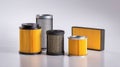 A collection of various vehicle air filters including cylindrical, panel, and cone-shaped filters designed for engine filtration Royalty Free Stock Photo